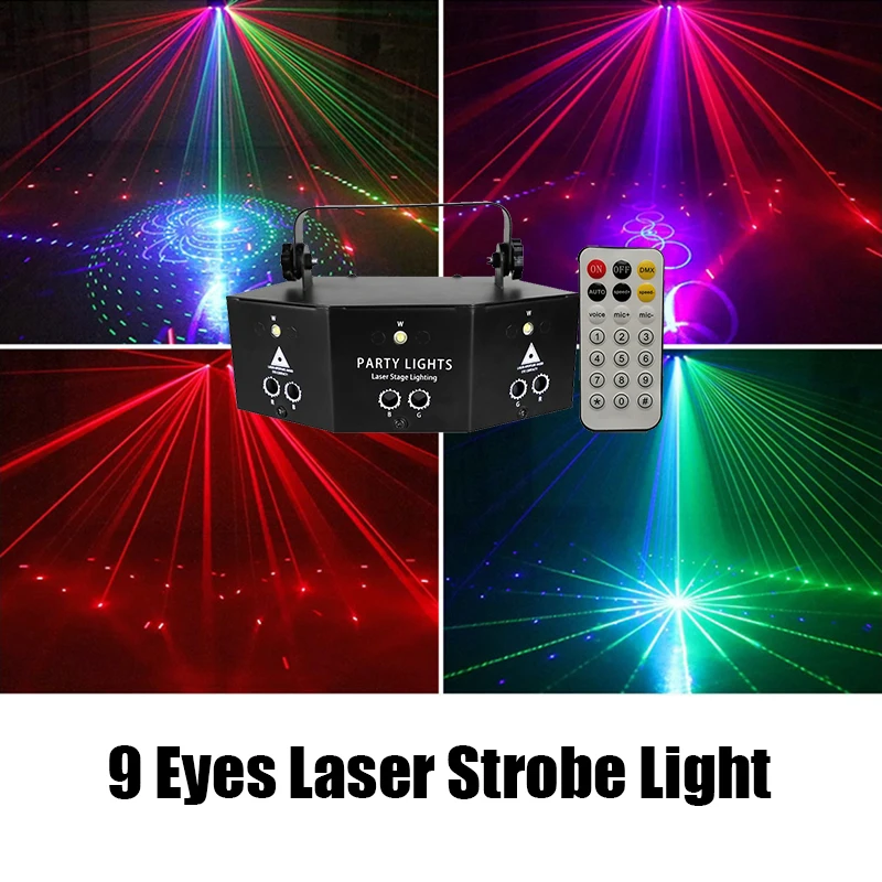 

Hot Sale 9 Holes Laser DJ Light RGB Flower Rotate Line Effect Led White Flashing Stage Lighting Remote For Disco Party KTV