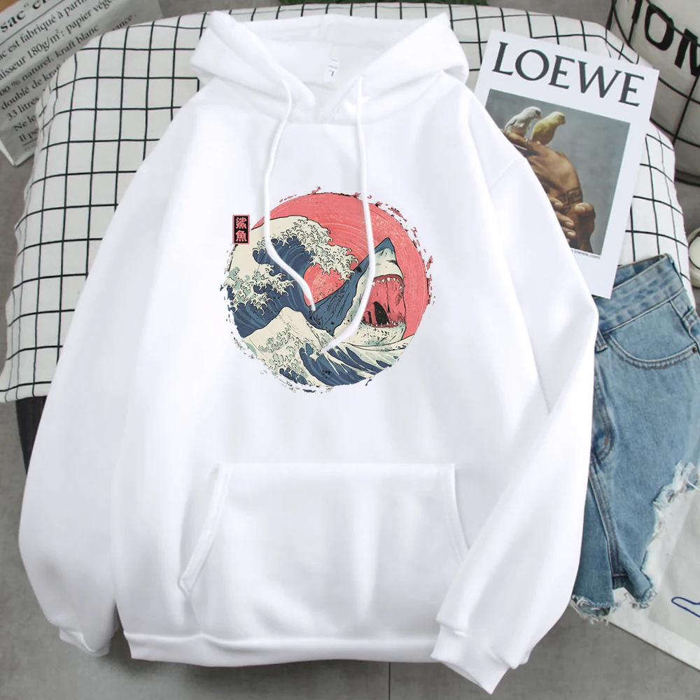 Hoodies Japanese Shark Ukiyo-E Mens Warm Hoodies Harajuku Brand Vintage Man Sweatshirt Loose Street Korean Pullover Punk Clothes