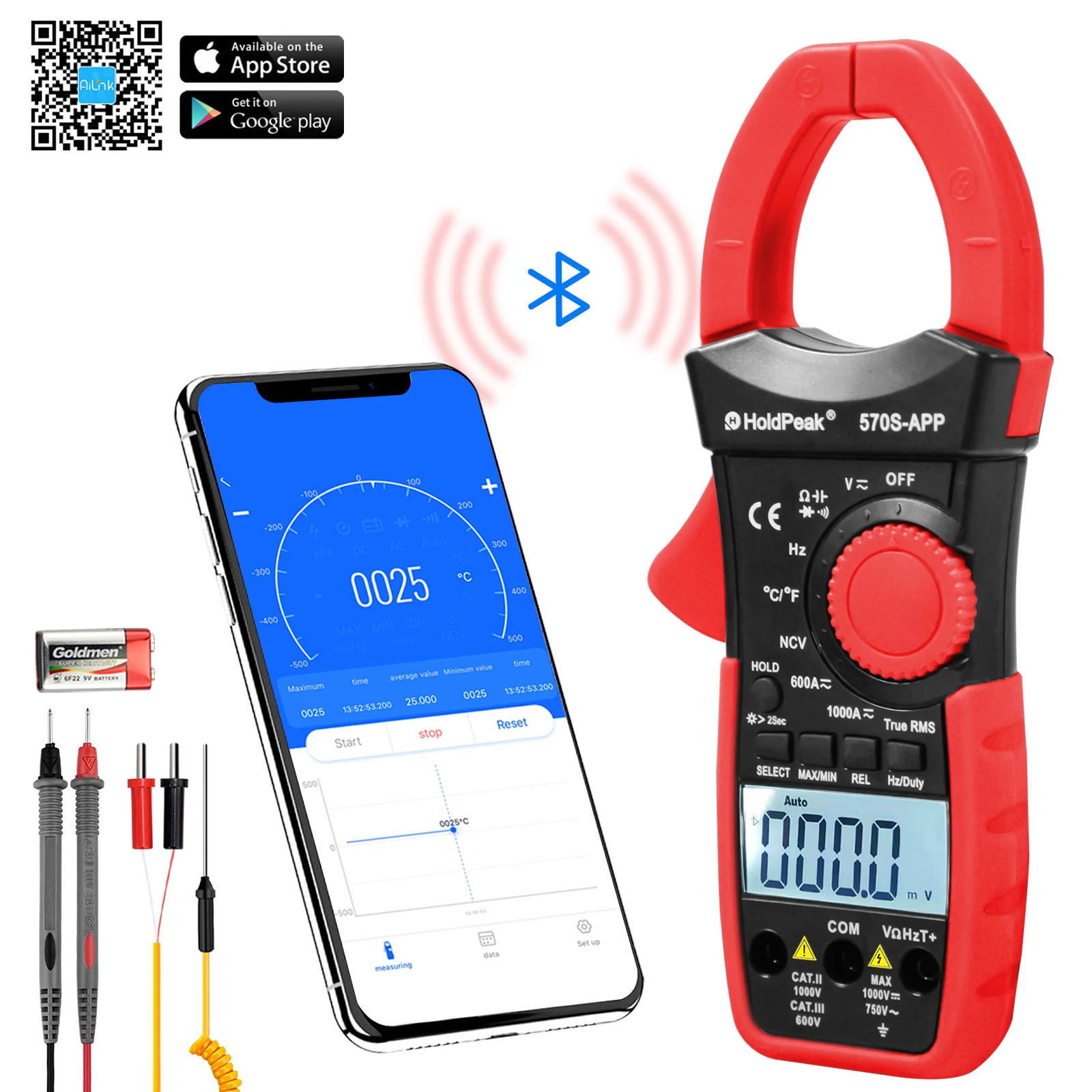 Holdpeak HP-570S-APP AC/DC Volt Amp Digital Clamp Meter 6000 Count NCV Auto Range 1000A Multimeter with Ohm Cap Temperature