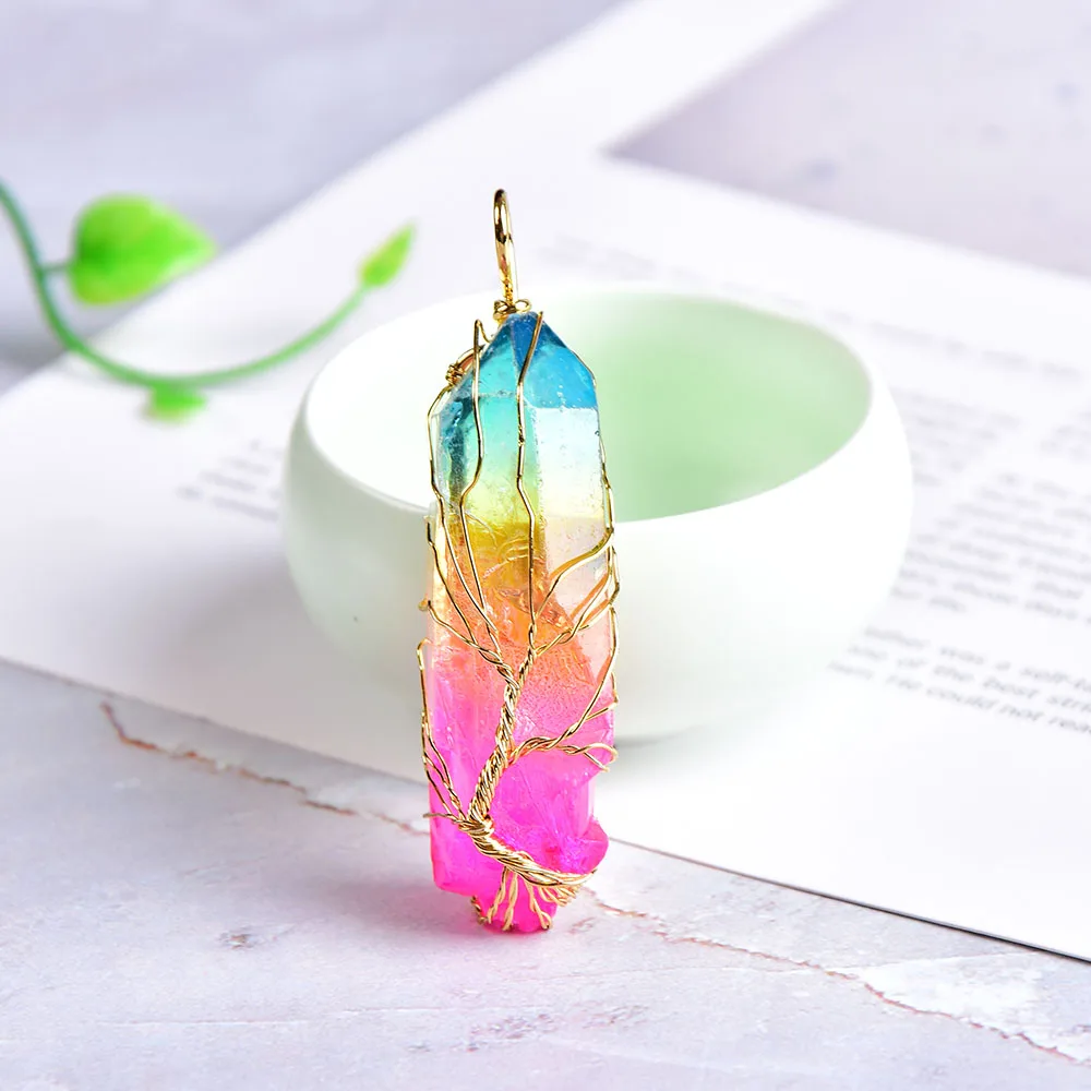 1PC Tree Of Life Natural Crystal Pendant Fashion ElectroplateMineral Jewelry Raw Crystals for Men Women colorful Jewelry