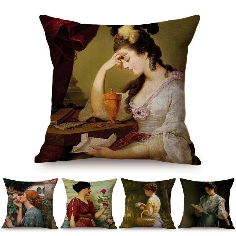 Woman In Love Nordic Vintage Oil Painting Art throw Pillow Case Beautiful Girl Reading Love Letter Sofa Decorative Cushion Cover