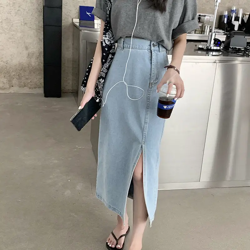 Skirts Women Summer High Waist Solid Denim Slit Elegant Office Lady Ins Hips Womens Sexy Korean Style Chic Fashion Skirt Newest