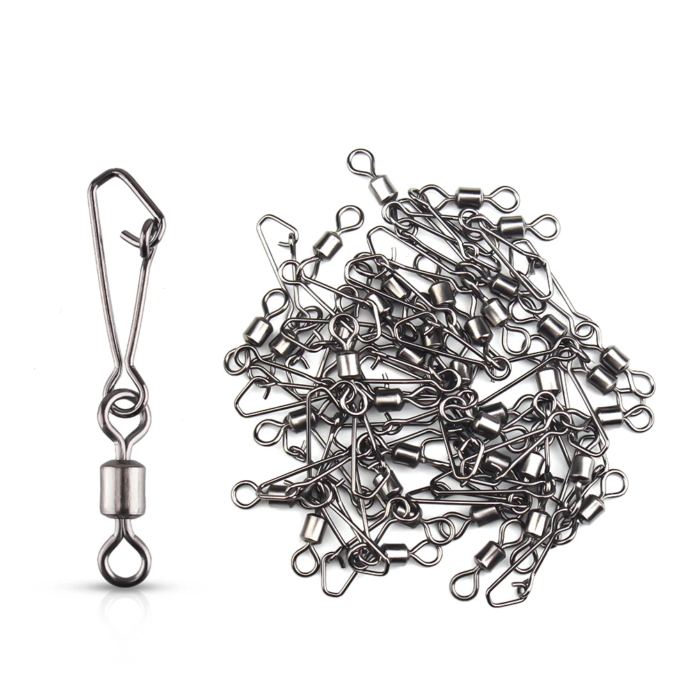 TIANNSII 50pcs Fishing Accessories Connector Pin Bearing Rolling Swivel Stainless Steel Snap Fishhook Lure Swivels Tackle