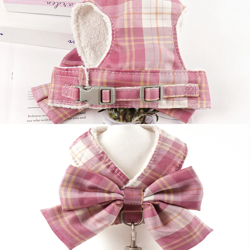 Bowknot Dog Harness and Leash Set, Snack Bag, Soft, Keep Warm Pet Clothes, for S,M Cats Dogs, Vest Leashes for Outdoor Walking