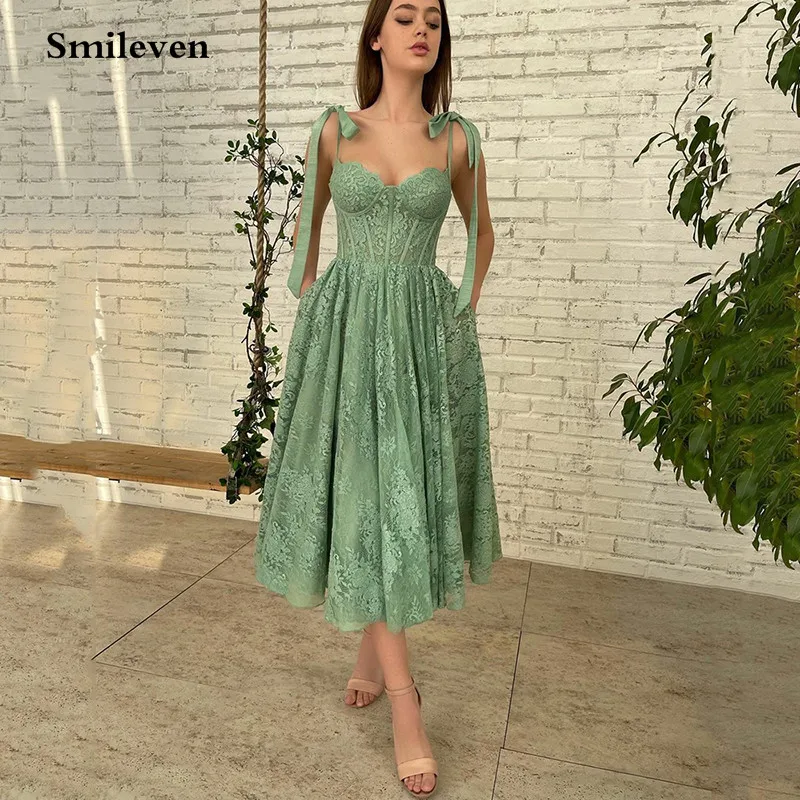 

Smileven Green Lace Prom Dresses Bow Straps Sweetheart Neck Evening Party Dress Elegant Tea Length Saudi Arabia Evening Gowns