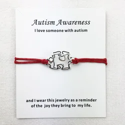 Awareness Autism Charms Cuff Multilayer Red Wax Rope Bracelets Antique Silver Plated Women Men Unisex With Card Bracelet Jewelry