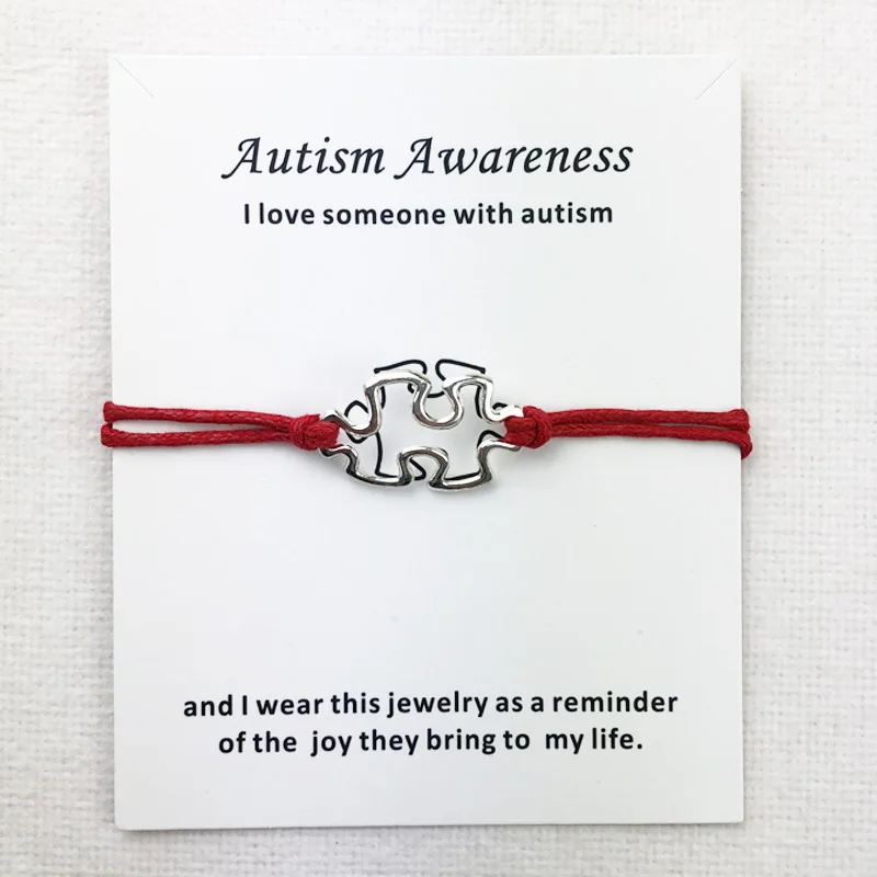 Awareness Autism Charms Cuff Multilayer Red Wax Rope Bracelets Antique Silver Plated Women Men Unisex With Card Bracelet Jewelry