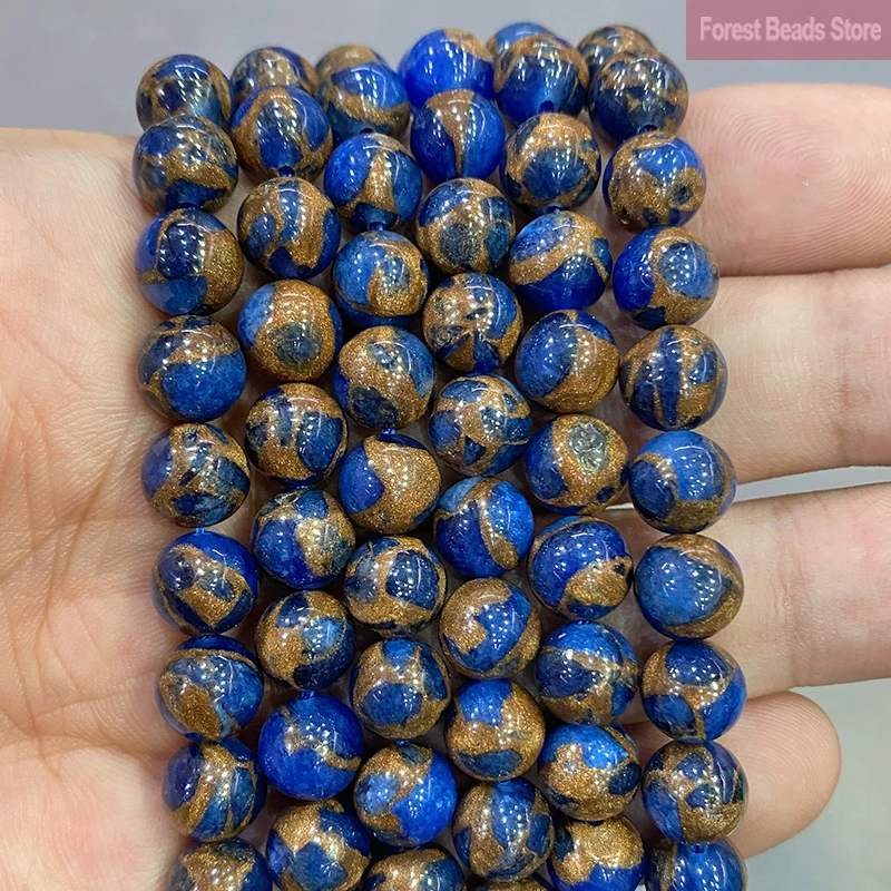 Dark Blue Golden Lace Cloisonne Natural Stone Round Beads Diy Bracelet Necklace for Jewelry Making 15