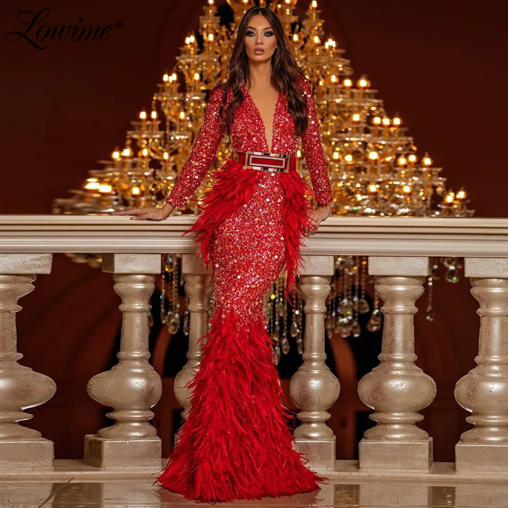 Vestido de noche de plumas para mujer, traje Formal de fiesta largo con cuello en V, con cuentas rojas de sirena, mangas completas, 2020