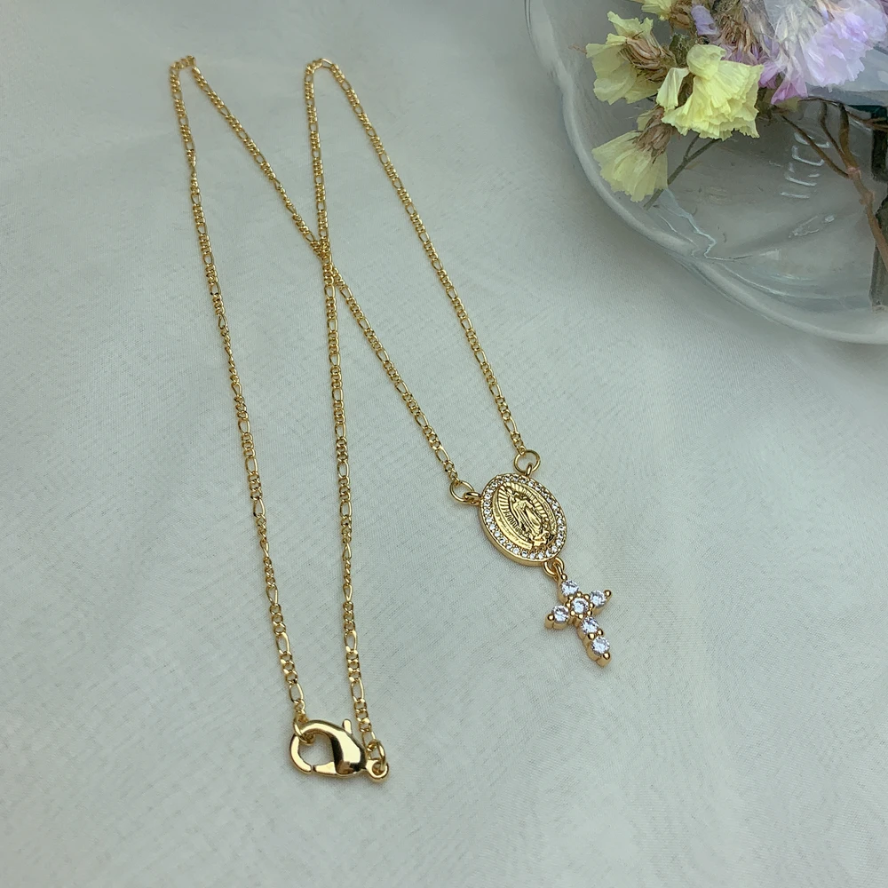 Metal Plated Gold Zircon Small Cross Virgin Mary Pendant Figaro Chain Necklace For Women 2021 Neck Jewelry