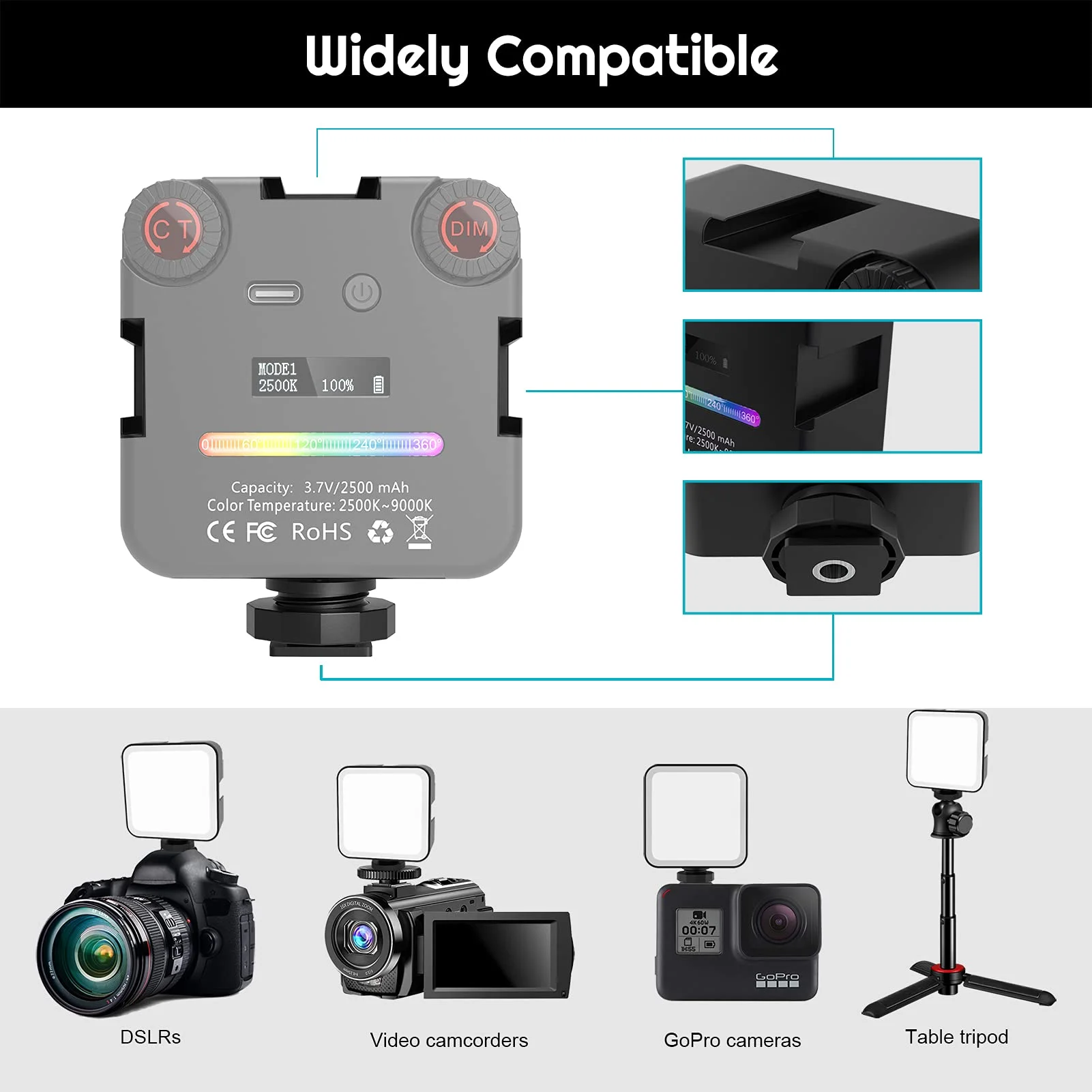 64RGB كاميرا ليد صغيرة ضوء 2500mAh قابلة للشحن LED مصباح لوحة صور فيديو الإضاءة أضواء الفيديو Vlog ملء ضوء لايف