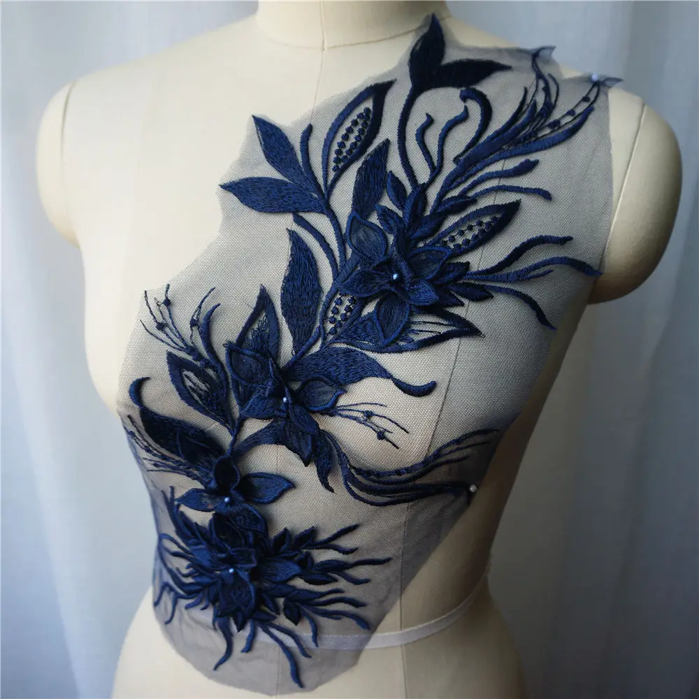 Navy Blue Embroidery 3D Flower Tassel Lace Fabric Applique Collar Wedding Gown Bridal Dress DIY