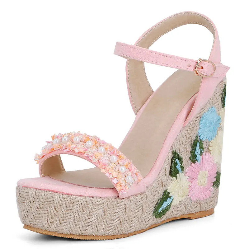 Sgesvier Platform Super High Heel Sandals Woman Shoes Espadrille Wedges Heel Sandals Flower Buckle Ladies Footwear Green Size 48