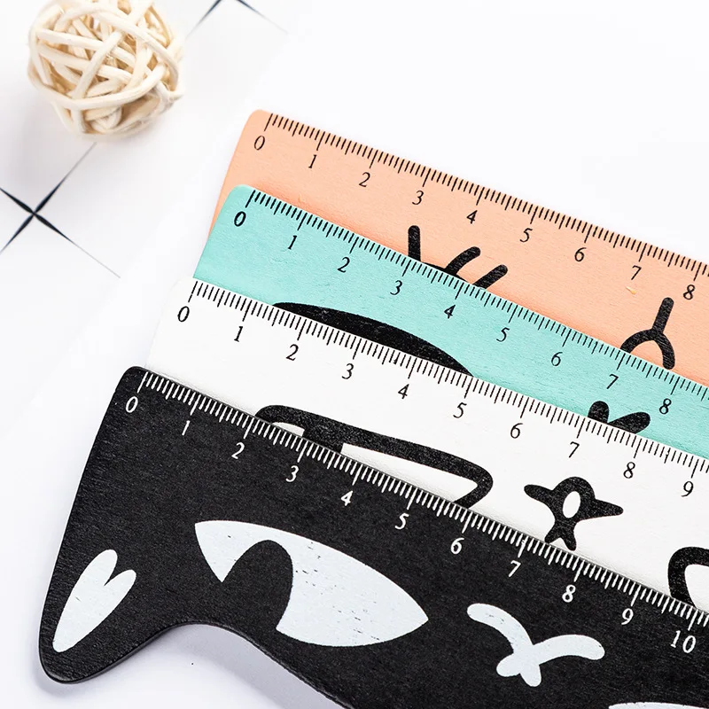 12 Pcs Cartoon Creative Cat Wooden Stationery Ruler Student Cute Color Drawing Hand Ruler 15cm