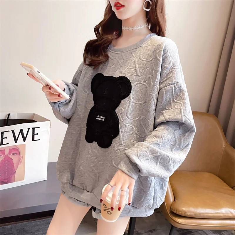 Women\'s Sweatshirts Harajuku Couples Overszie Letter Jacquard O-neck Pullovers Long Sleeve Loose Autumn Spring Bear Streetwear