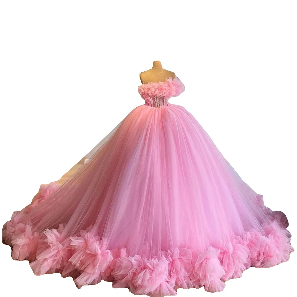 Light Pink Ball Gown Quinceanera Dresses Tiered Ruffles Tulle Women Sweet 16 Formal Party Robe De Soiree Elegant Long Prom Gowns