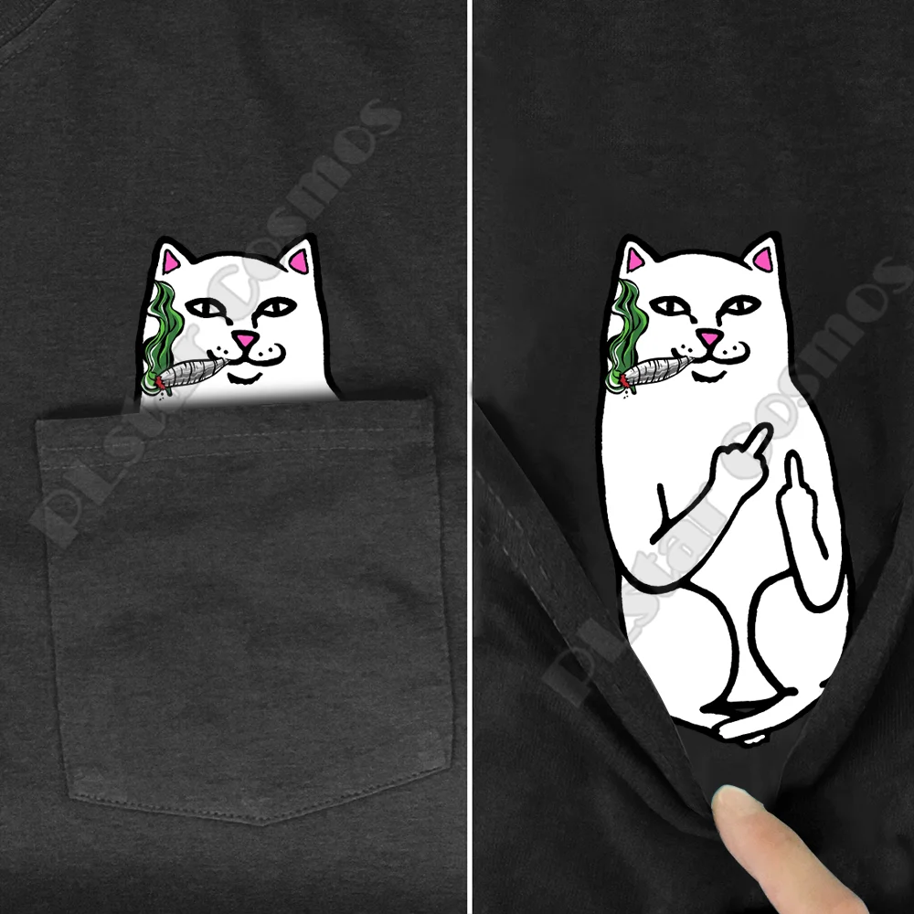 Hippie Pocket Tee T Shirts summer Smoking Cat printed t-shirt men for women tops black cotton funny Short sleeve dropshipping