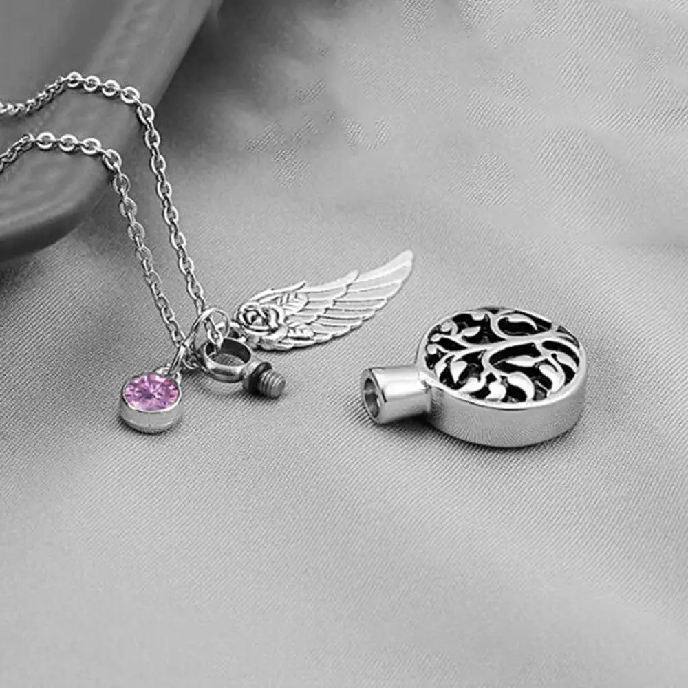 Unisex  Stainless Memorial Cremation Ash Holder Urn Necklace for Ashes Life Tree Pendant with Angel Wing and Birthstone Charm