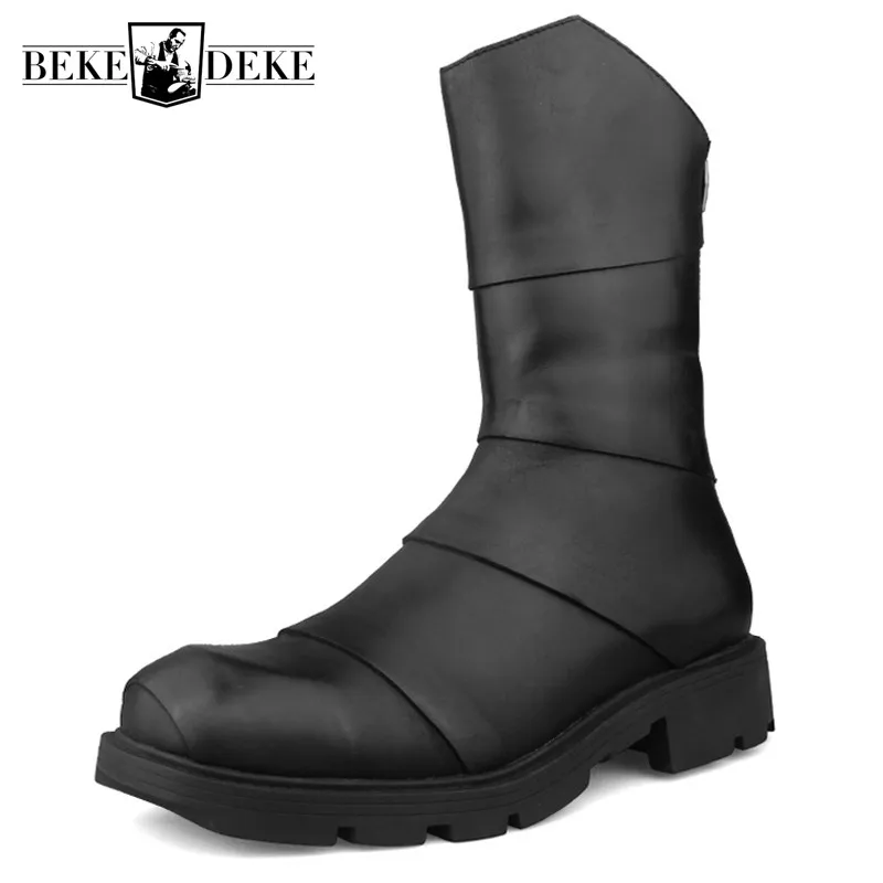 Punk Style Zipper Men Genuine Leather High-Top Sneakers Street Round Toe Winter Warm Platform Boots Black Motorcycle Botas Male