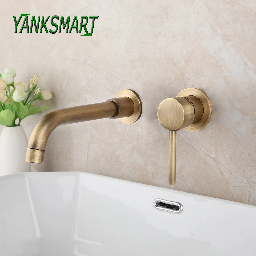 

YANKSAMRT Antique Brass Bathroom Basin Sink Faucet Bathtub Single Handle Wall Mounted Solid Brass Faucet Water Mixer Tap