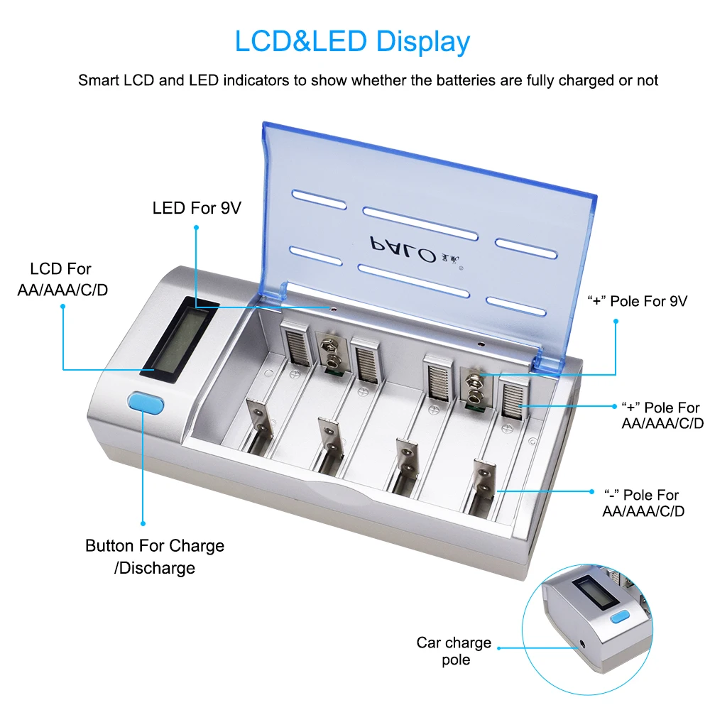 PALO LED LCD Display Smart Battery Charger For 1.2V Ni-MH NI-CD AA/AAA/C/D Size 9V Rechargeable Batteries