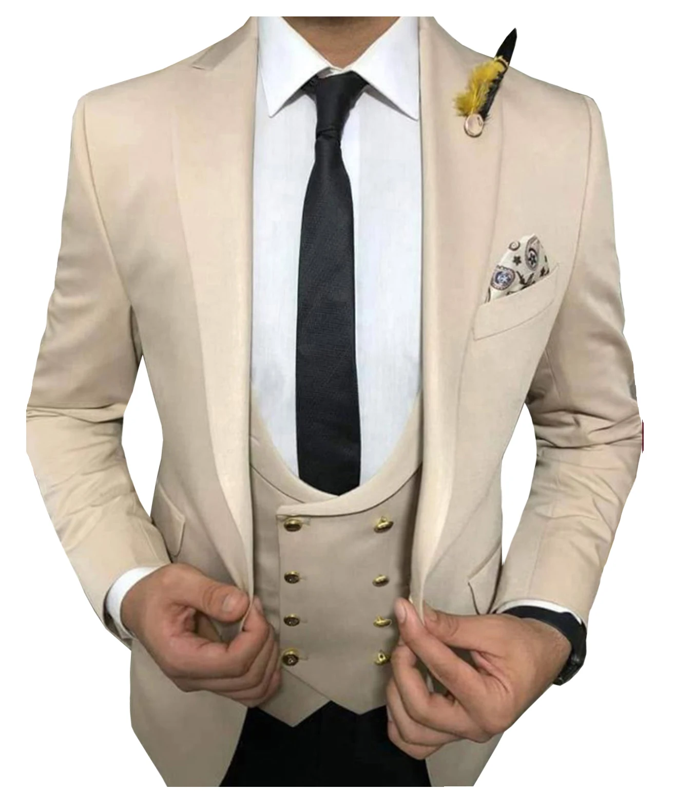 

White/Beige/Black Mens Suits 3 Pieces Leisure V Neck Notched Lapel Tuxedos Groomsmen Men Suits for Wedding (Jacket+Vest+Pants)