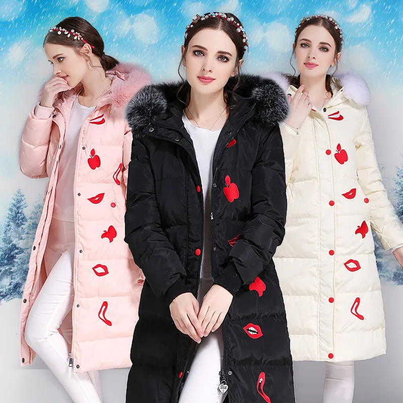 Coat Female Elegant Winter Women's Down Jacket + Fur Hooded 2021 Korean Ladies Warm Print Coats Thick Long Jackets LW970