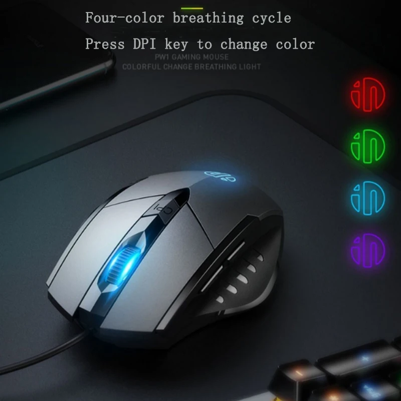 Inphic PW1 เมาส์สําหรับเล่นเกม 6 ปุ่ม Macro Definition Glowing Mute Mouse 4000DPI Optical USB แบบมีสายเม้าส์สําหรับ PC Notebook