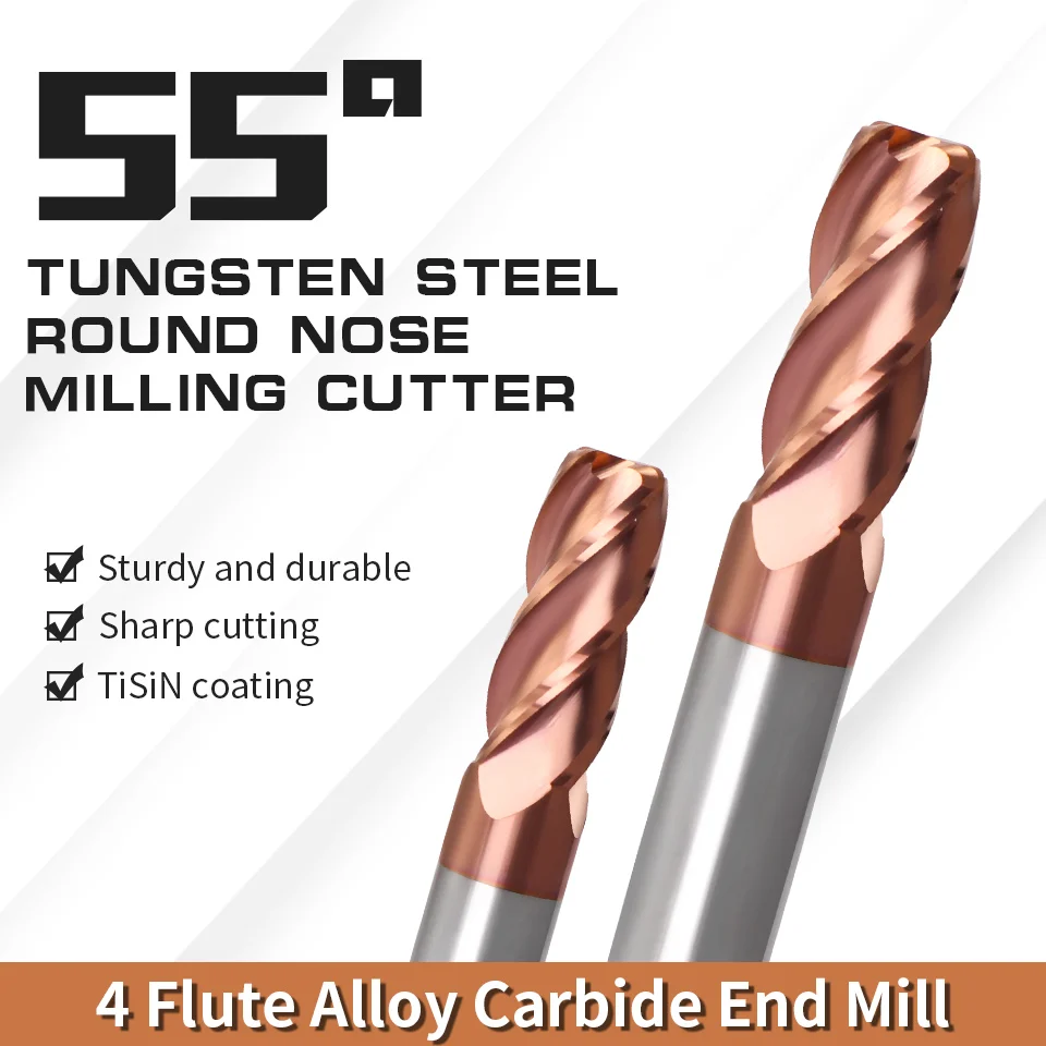 AUGT HRC55 Carbide Bull Nose End Mill 4Flutes Copper Milling Cutter Alloy Coating Tungsten Steel Cutting Tool For CNC Maching