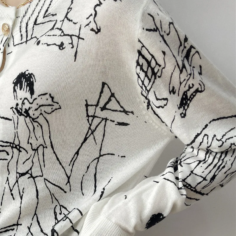 Graffiti Digital Jacquard Fine Imitation Fashion Wool Knitted Cardigan Women\'s 22 Spring Autumn Thin Loose Jacket Trendy Sweater