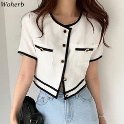 Woherb 2024 Summer Short Sleeve O-Neck Single Breasted Women Trend Coat Feminino Chic Button Loose  Casual Ladies Jacket