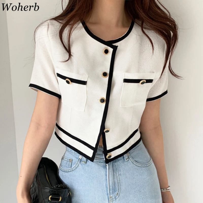 Woherb 2025 Summer Short Sleeve O-Neck Single Breasted Women Trend Coat Feminino Chic Button Loose  Casual Ladies Jacket