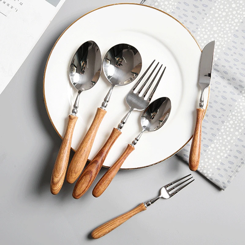 Flatware Wooden Handle Cutlery Set ,304 Stainless Steel , Knife Fork Spoon Steak Tableware Set