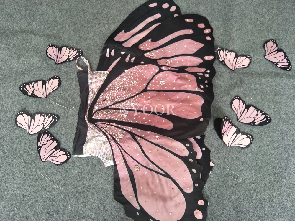 Bling Pink Butterfly Wings Rhinestones Bodysuit Dance Costume Women Party Show Performance Stage Wear Halloween Cosplay Costume