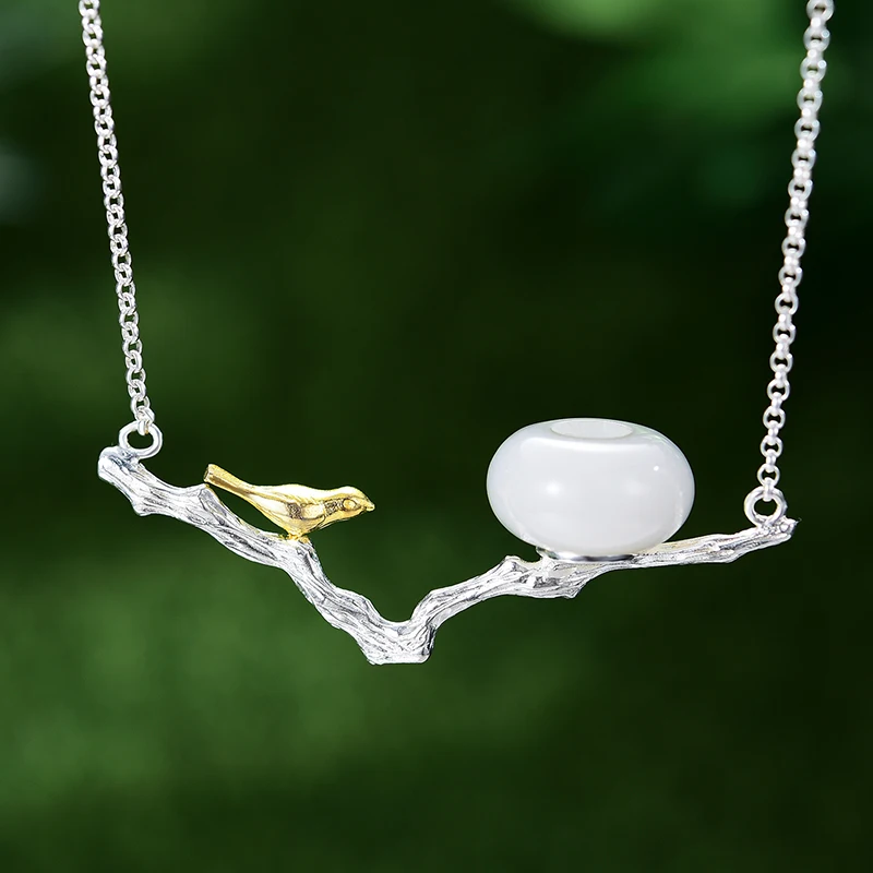 Lotus Fun Real 925 Sterling Silver Natural Stones Handmade Fine Jewelry Retray Bird Necklace with Pendant for Women Bijoux