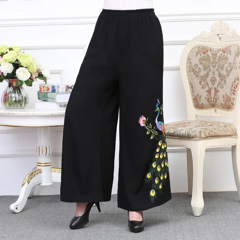 Women Floral Embroidered Long Pants Spring Summer Cotton Linen Folk-custom Mid-aged Old Women Wide-leg Pant Skirt Trousers W1985