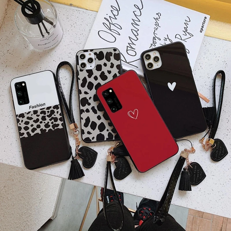 For OPPO A74 A95 A54 4G A93 A55 A53S 5G case Fashion new Leopard Glass Cover Give Strap For OPPO A73 A9 2020 5G A52 A72 A92 A94