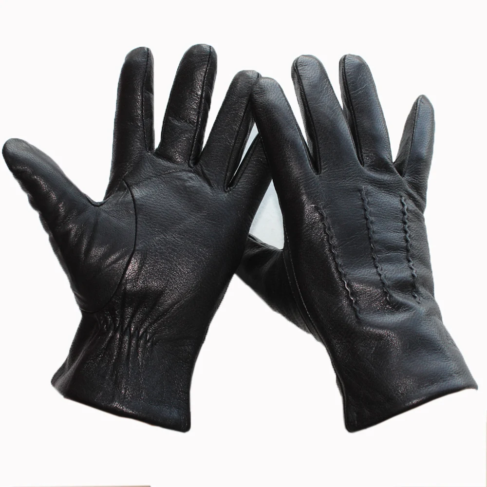 New Men Black Genuine Leather Gloves Fashion Hand-sewn Deerskin Outdoor Cycling Driving Boutique Brief Paragraph Manicure