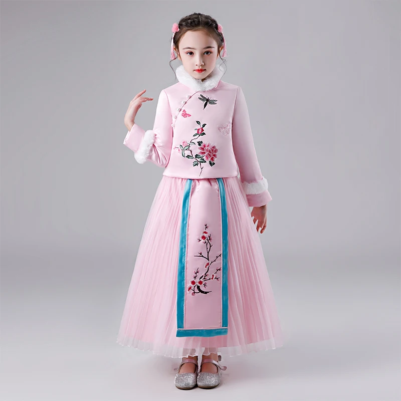 

Romantic Flower Girl Wedding Bridesmaid Formal Embroidery Flower Fur Mandarin Collar Cheongsam First Communion Dresses for Girls