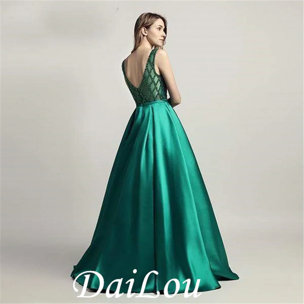 A Line O Neck Floor Length Elegant Beaded Women Evening Party Ceremony Dresses Long Dubai  Satin  Formal Prom Gown Vestidos 2021