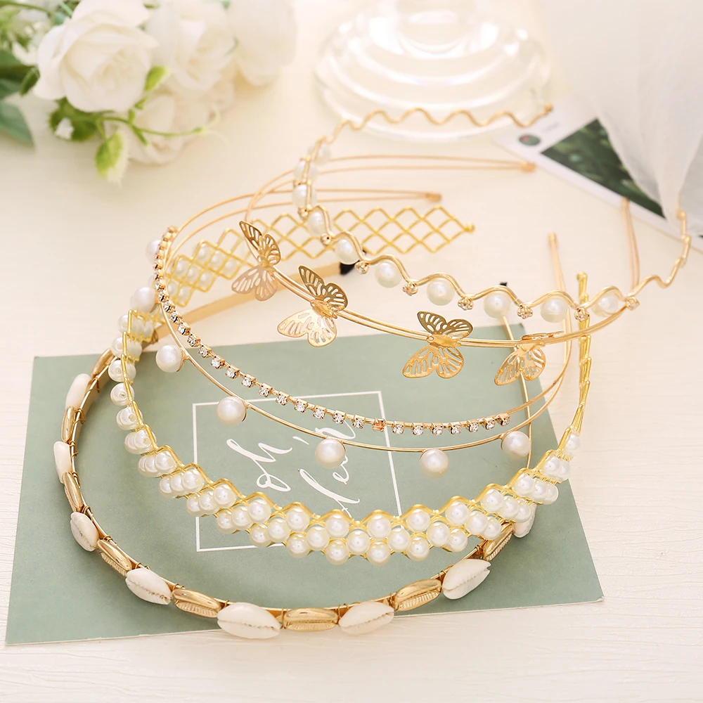 Fashion Thin Metal Pearls Crystal Head Hoop Women Headband Korean Double Row 3 Drainage Hairband Pearl Hair Accessories Tiaras