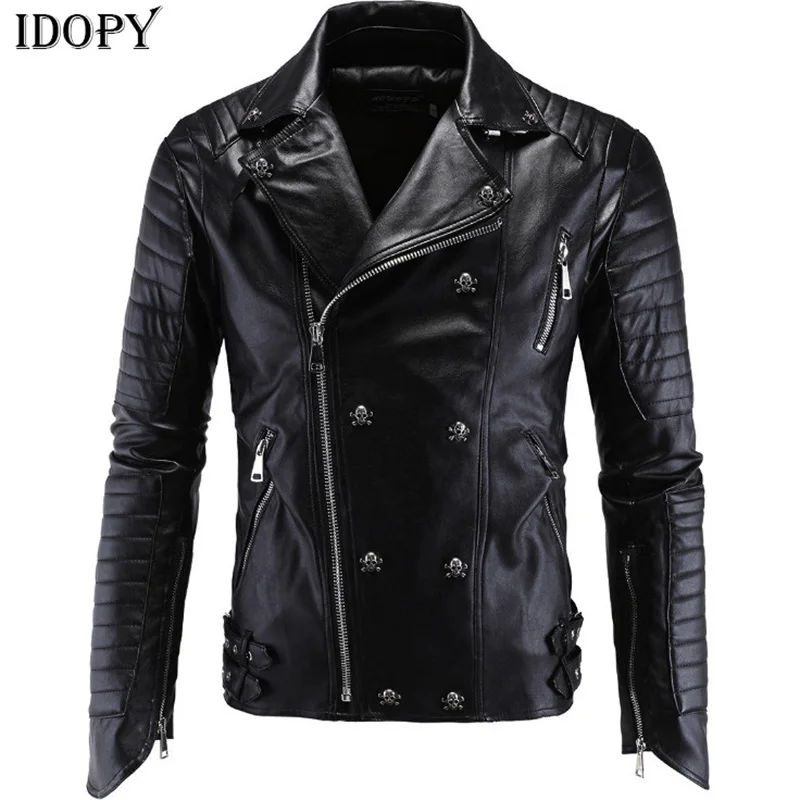 Idopy Punk Faux Leather Jacket Men New Skull Motorcycle Multi Zippers Slim Fit Coat Outerwear PU Clothing