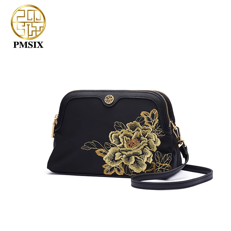 PMSIX Black Nylon Crossbody Bags For Women Vintage Embroidery Ladies Messenger Bag Elegant Fashion Female Shoulder Small Bags