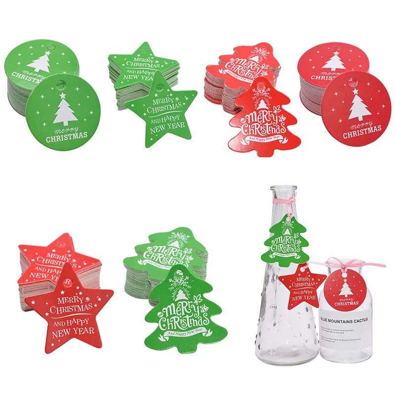 50/100pcs Red Green Star Tree Shape Xmas Tree Hanging Decor Gift Bag Tags Merry Christmas Label For Christmas Party Decoration