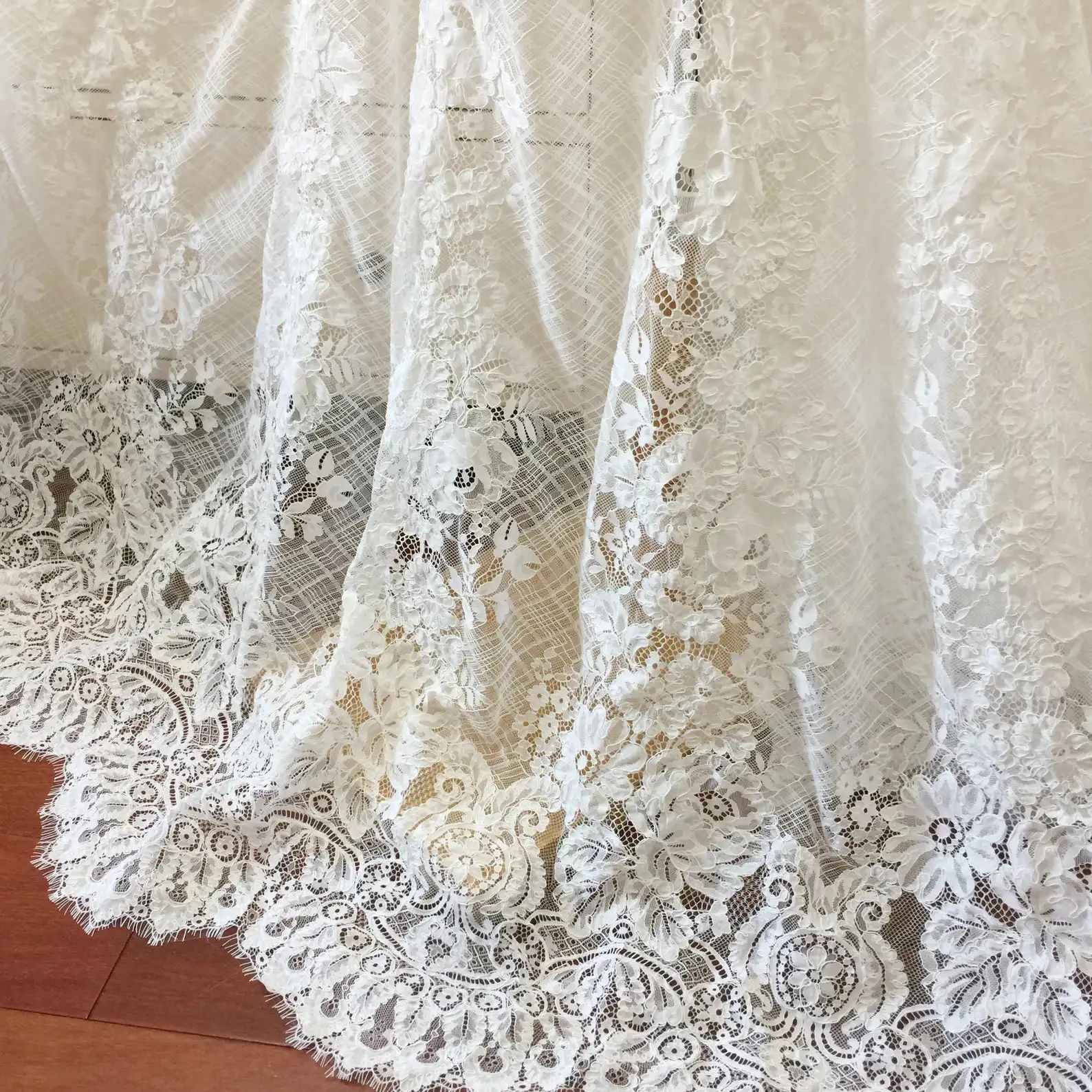 3 Yards French Made Fine Geometric Couture Alencon Embroidery Lace Fabric at 125cm wide, Couture Wedding Gown Fabric