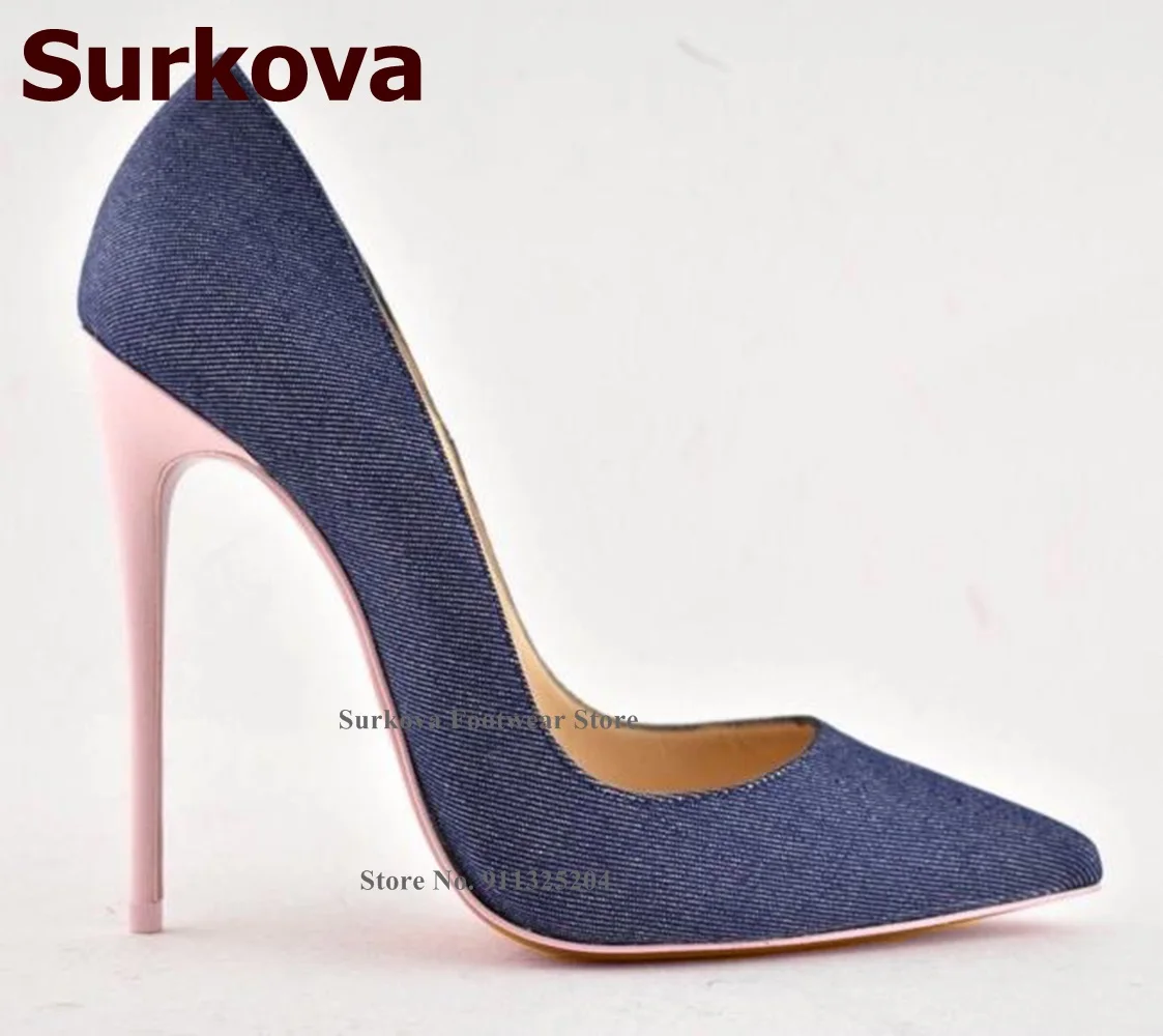 Surkova Neon Yellow 12cm High Heel Pumps White Stiletto Heels Shallow Wedding Shoes Pink Denim Gorgeous Banquet Footwear Size45