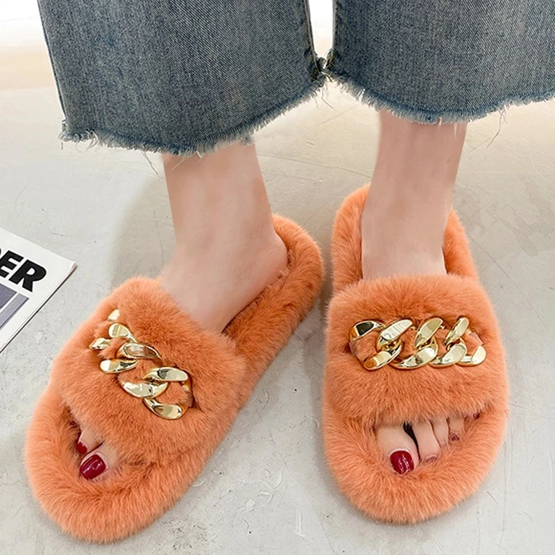 Slippers women's metal chain Platform plush slippers plus size all-match flats bottom warm one word slippers wholesale