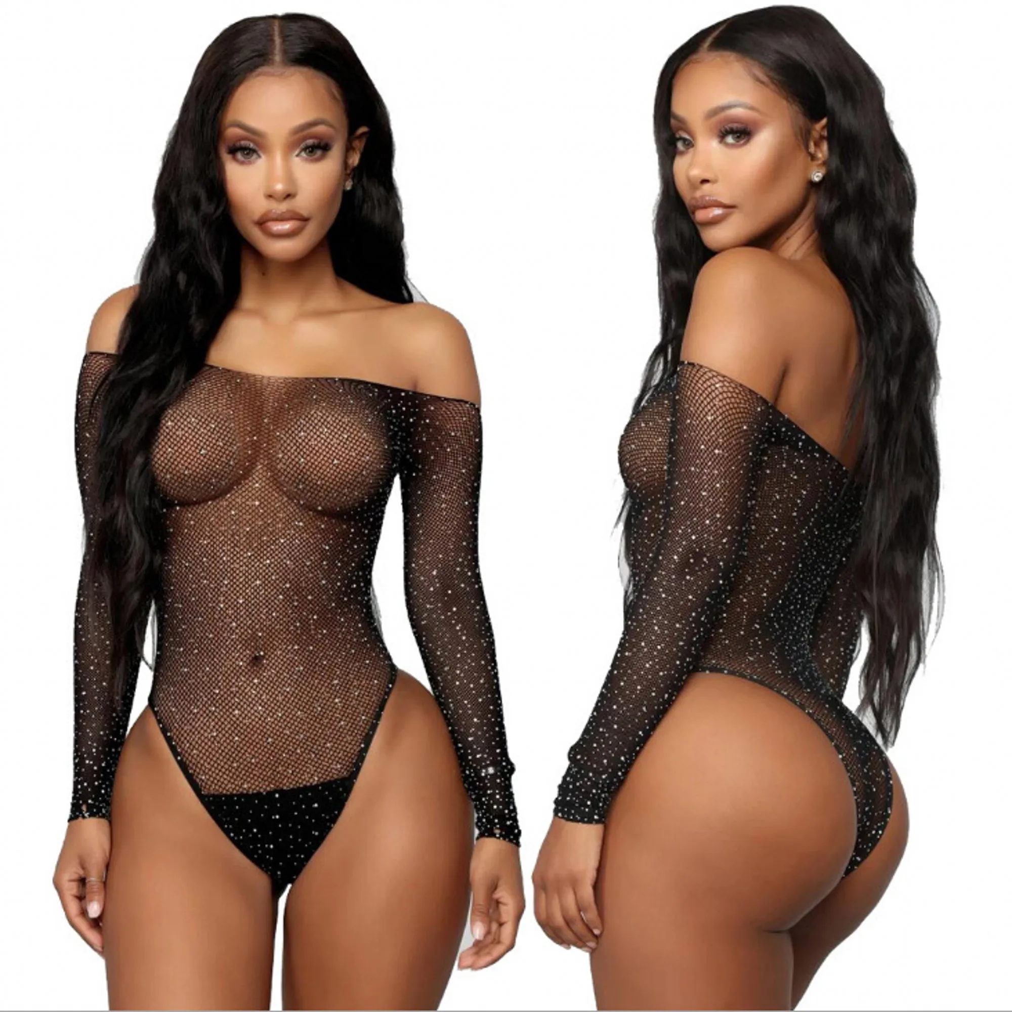 

exy Women Long Sleeve Fishnet Rhinestone Bodysuit Leotard Tops Swimsuit Hollow Out Off Shoulder See Through Playsuit Jumpsuit