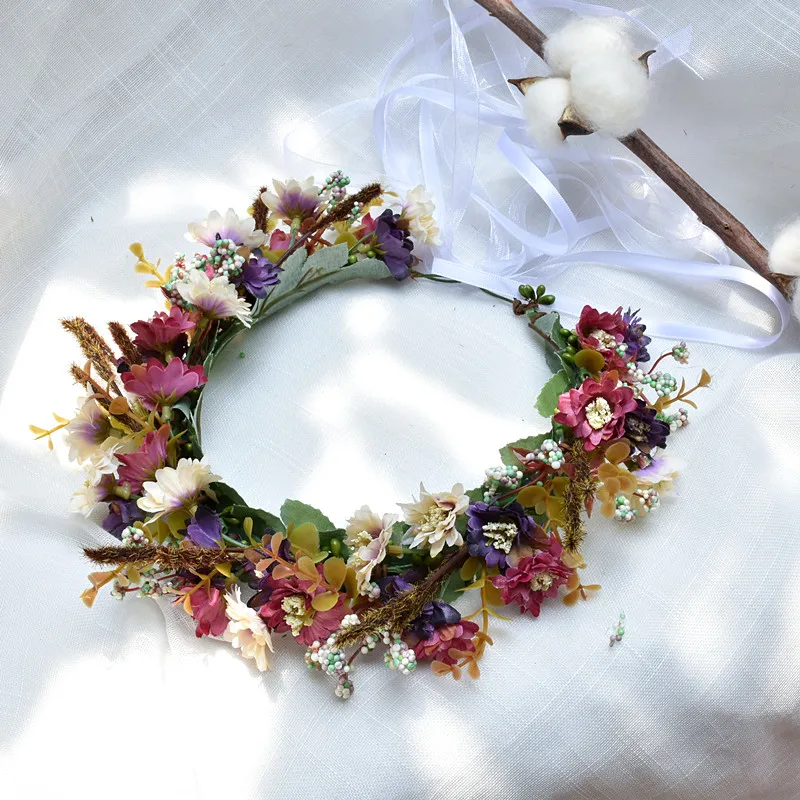 CC Flower Headband Wreath Hairband 100% Handmade Wedding Hair Accessories for Women Bride Garland Girls Seaside Headpieces DD04