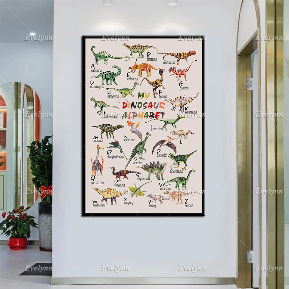 

Dinosaur Alphabet Poster, Chart ABC Dinosaur Print, A To Z Wall Kids Room,Themed Playroom Canvas,ABC Dinosaur Classroom Decor